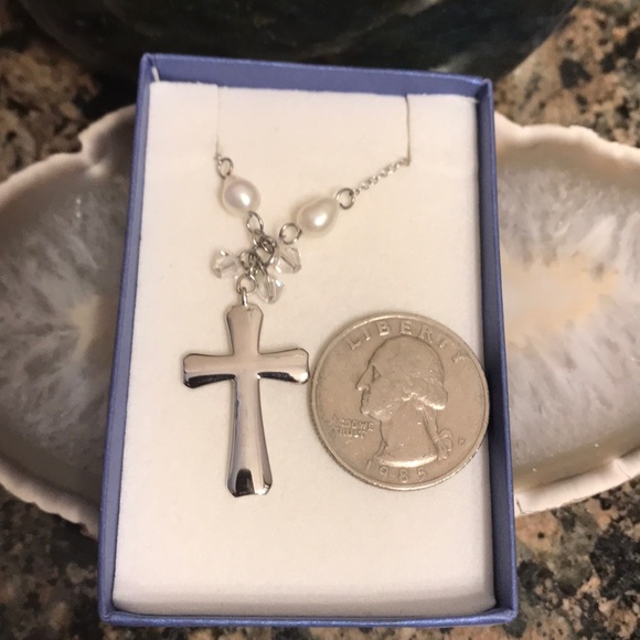 STERLING SILVER CROSS W/FRESHWATER PEARLS CRYSTAL - Picture 5 of 7